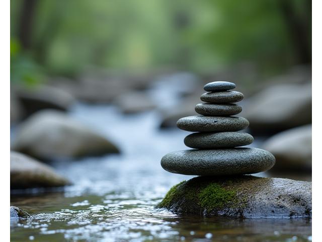 Zen stones stacked by a flowing stream, representing balance and flow